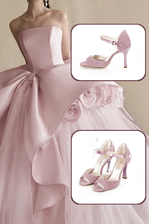 Dress sandals instep strap in dusty rose pink leather with high spool heels and round toe - Worn view